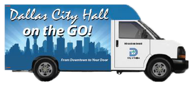 An image of a blue and white van with "Dallas City Hall on the GO!" written on the side.