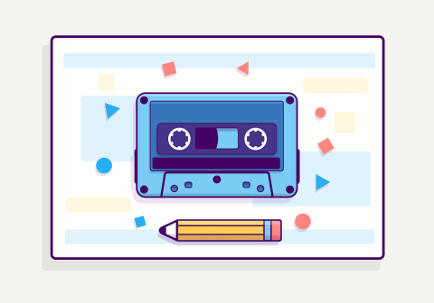 cartoon of a blue cassette with blue and red squares and triangles surrounding it. There is a small pencil situated underneath the cassette.  caricatura de un casete azul con cuadrados y triángulos azules y rojos rodeándolo. Hay un pequeño lápiz situado debajo del casete.