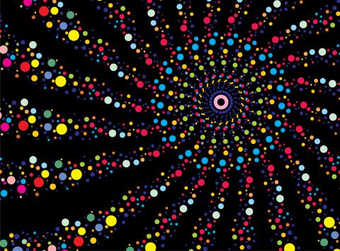 black background with multiple colors in dots forming circles that grow out from center