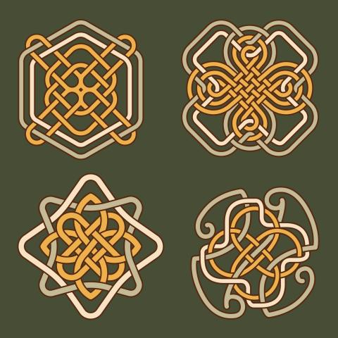 dark green background with four variations on a celtic knot