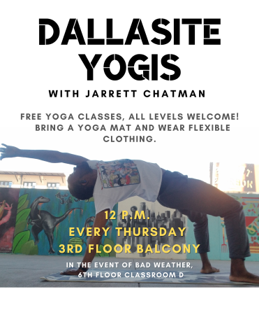 Dallasite Yogis flyer. Image of a man in a yoga pose.