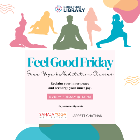 Feel good fridays flyer. Graphic of people in  yoga poses.