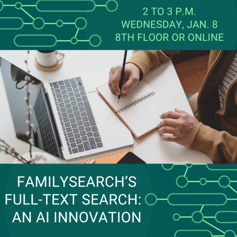 FamilySearch's Full Texas Search: An Innovation with an image of a person writing in a book next to an open laptop