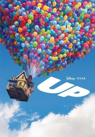 "Up" movie poster, blue sky with clouds and a house flying with thousands of balloons attached