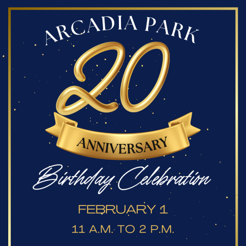 Gold text on navy blue background "Arcadia Park 20 Anniversary Party"