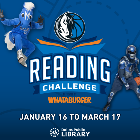 "Mavs Reading Challenge, January 16 to March 17" on a blue background with the Mavs team mascots 