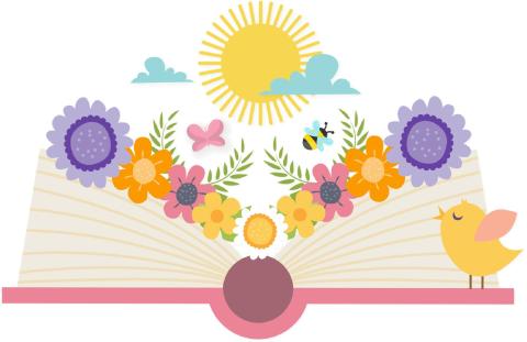 graphic of an open book filled with spring flowers, with a bird perched on the edge of the book's cover and a bright yellow sun overhead