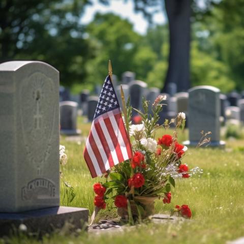 Sunny day in a cemetery with a headstone in focus with an American flag and red roses placed beside