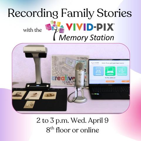 Picture of the Vivid-Pix Memory Station framed with bubbles of red, purple and blue with the program title and Vivid-Pix Memory Station logo