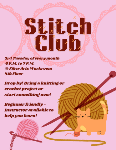 Stich Club in large letters. text reads "third tuesday of every month from 6 to7 pm". 
