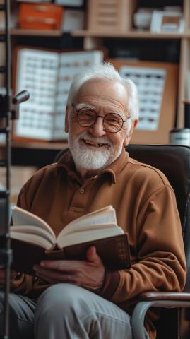 A senior man reads a story book.