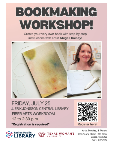 pink background with the wording "bookmaking workshop" and photos of the book, the artist, and a QR code to register