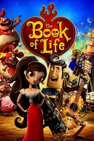 animated woman in a red dress and a man with a guitar with "The Book of Life" above in a heart shape