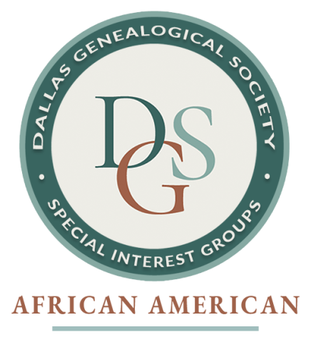 Dallas Genealogical Society circular logo with Special Interest Group written around the lower half. African American is written in brown text at the bottom