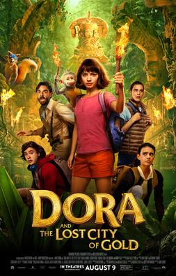 a group of people and a monkey stand in front of a jungle for a movie poster