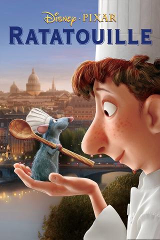 rat dressed in a chef hat holding a spoon sitting on a human's hand. movie title "Ratatouille"