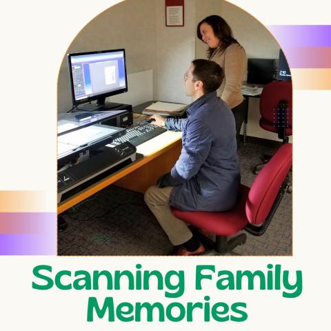 Picture of a librarian and customer in Heritage Lab using the CopiBook Scanner. Scanning Family Memories is written underneath in Green.