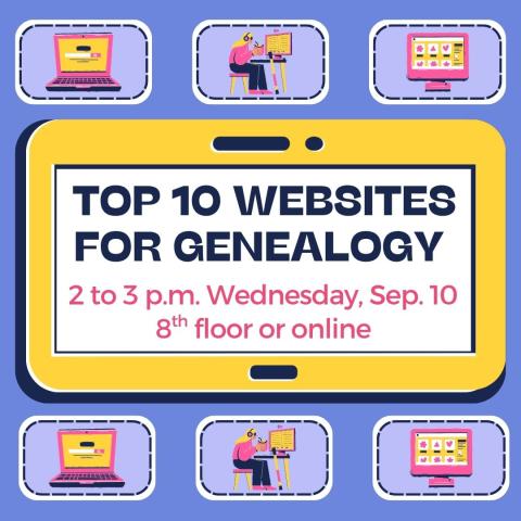 Yellow tablet that says "Top Ten Websites for Genealogy" and has 3 vignette images on top and bottom of pink and yellow and purple computers and people conducting research 