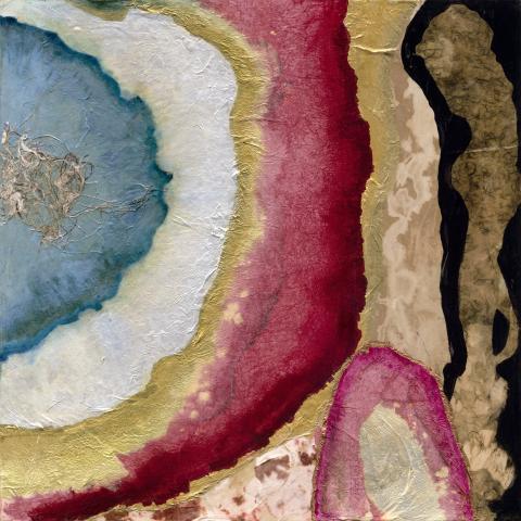 Image is an abstract piece that evokes the appearance of a cross-section of a geode or mineral formation in the colors blue, white, red, brown, and gold. 