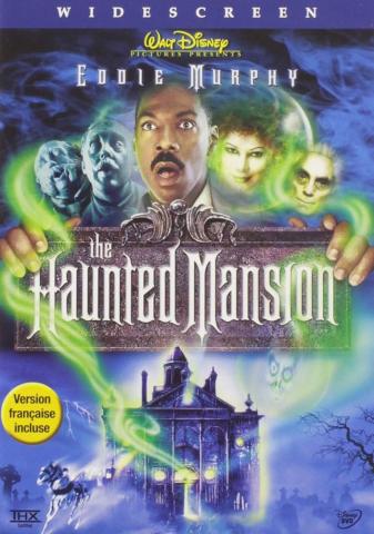 man surrounded by green-tinged ghosts with a spooky mansion below them. movie titled Haunted Mansion