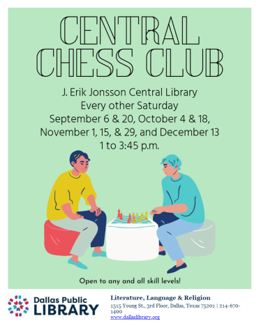 Chess flyer - two people in front of chess board playing chess. 
