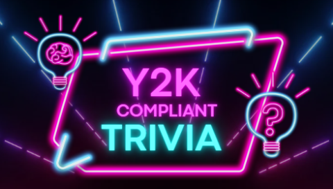 A neon sign that says "Y 2 K Compliant Trivia" in bright pink and blue. On each side is a neon sign style light bulb in bright blue. On the left side, the bulb has a neon pink brain. On the right side, the bulb has a neon pink question mark.