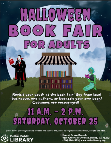 A flyer featuring a vampire and a zombie reading next to a book fair stall.