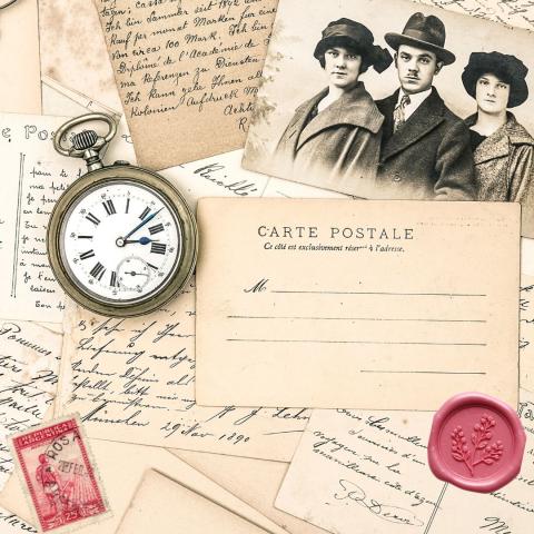 Old letters and photo, watch, stamp, and seal 