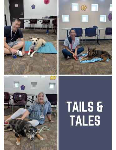 Tails and Tails flyer with 3 therapy dogs and their humans
