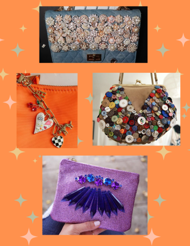 Image shows four pictures of embellished bags. 