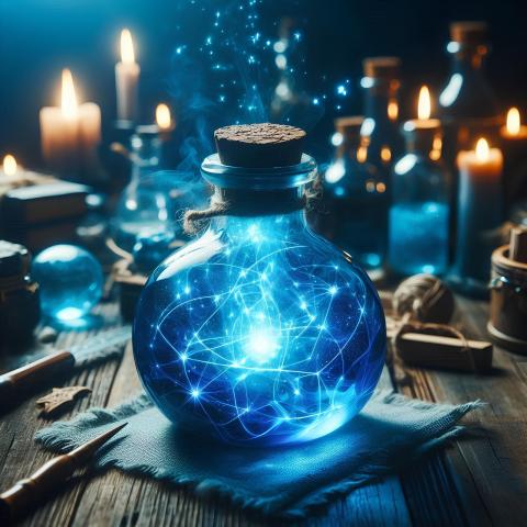 blue squiggly lights inside a round bottle sitting on a wooden table surrounded by candles