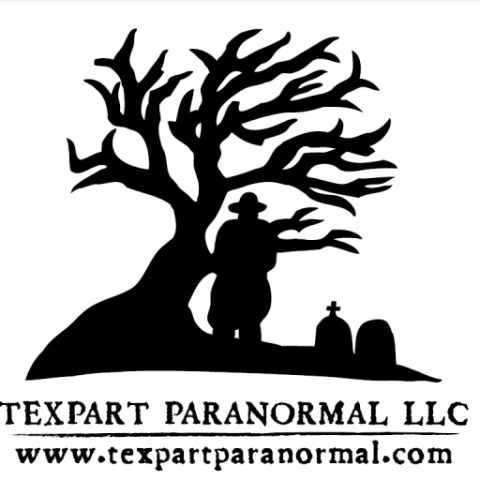 A hatted man stands in front of a twisted tree and near two graves.  It is the TexPart Paranormal logo.