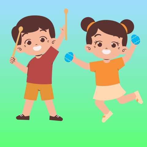 two kids playing rhythm instruments