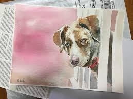 A canvas is painted with a brown and white dog's face peeking out of a fence.