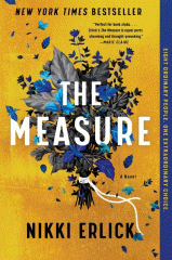 The book cover for "The Measure" by Nikki Erlick features a bouquet of blue and gray leaves on a gold background.