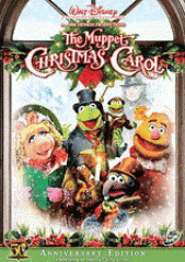 The cover for "The Muppet Christmas Carol" shows several Muppet characters in costumes looking through a festive window.
