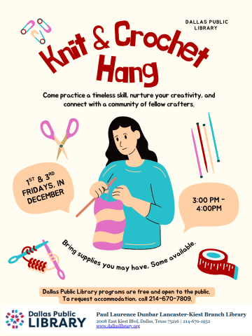 Knit and Crochet Hang Flyer, 1st and 3rd Fridays in December 3 to 4 PM