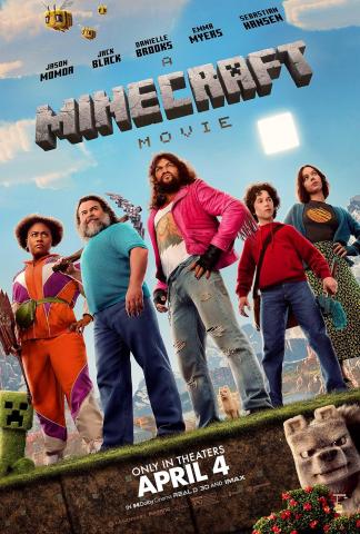 The movie poster for A Minecraft Movie features several characters standing on blocks of dirt and grass.
