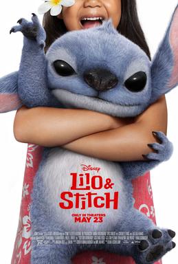The movie poster for Lilo & Stitch features a young Hawaiian girl hugging a blue alien creature.