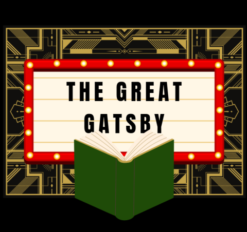 Marquee with title "The Great Gatsby". Open book in front and 1920s art deco border