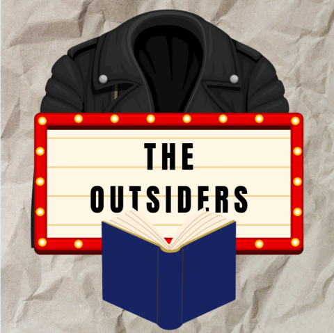 Marquee with title "The Oustiders". Open book in front, leather jacket behind.