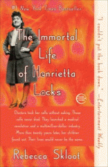 The cover of "The Immortal Life of Henrietta Lacks" by Rebecca Skloot features a black-and-white image of a smiling Black woman.