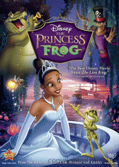 The movie poster for "The Princess and the Frog" features a Black princess wearing a blue dress, a frog, a crocodile and a voodoo practitioner.