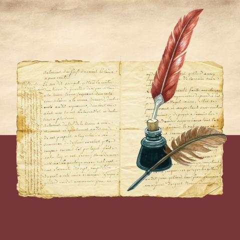 A handwritten document with a tan and maroon background with two quill pens and an ink well over it.