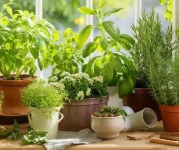 Picture of potted herb plants in front of a window. 