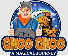 a man in overalls and an orange bandana gives two thumbs up in front of a train engine with the words "Choo choo a magical journey"