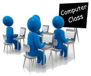 blue people looking at a chalkboard with the words "computer class" written on it
