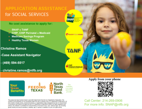 Flyer advertising application assistance for social services with contact information for Christine Ramos
