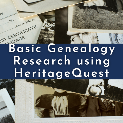 Navy blue background with white letters "Basic Genealogy Research using HeritageQuest" framed by old photo prints