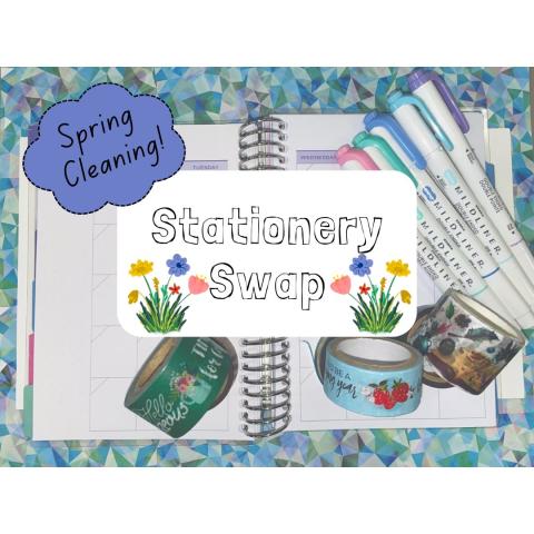 planner with markers and the words" spring cleaning" and "stationery swap"